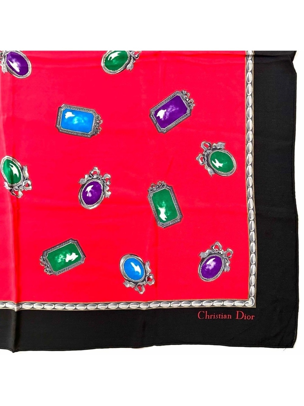 Christian Dior Red & Black Jeweled Print Silk Scarf - Picture 6 of 10